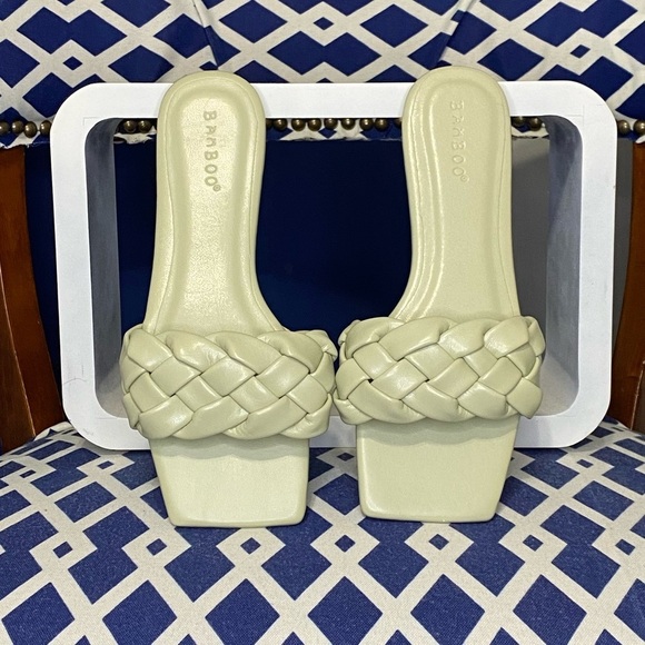 Shoes - Sage green braided square toe flat slide sandals sz 6